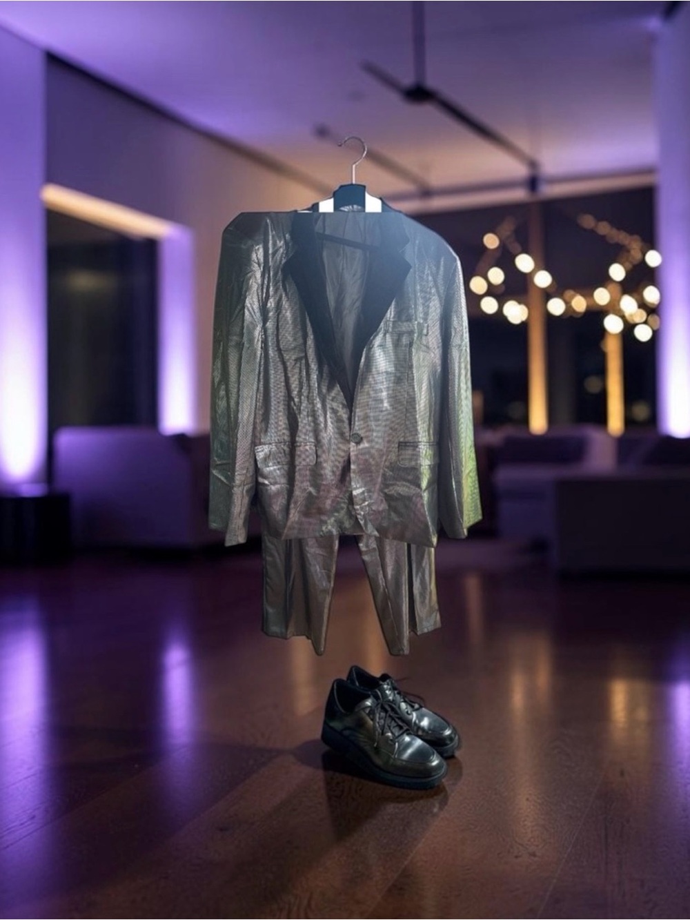 New Big & Tall Men's Unstructured Black metallic Jacket w/squares & pants 3X